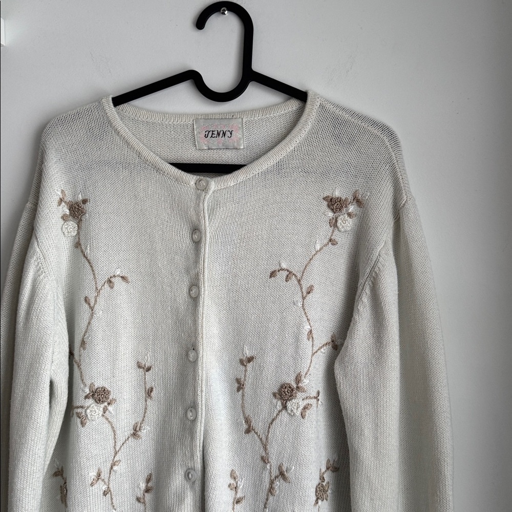 Elegant Floral Embroidered Cardigan - Cream and Brown - Picture 5 of 7